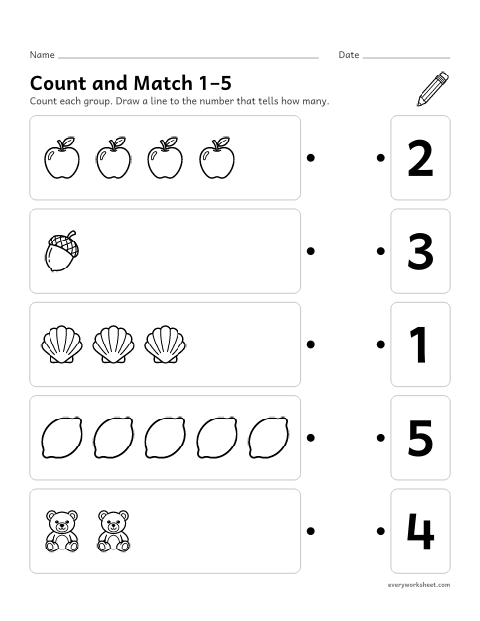 Preview of the printable “Count and match 1–5” worksheet: matching groups of 1 to 5 objects to numbers