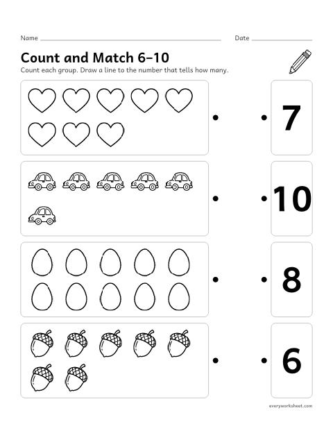 Preview of the printable “Count and match 6–10” worksheet: matching groups of 6 to 10 objects to numbers