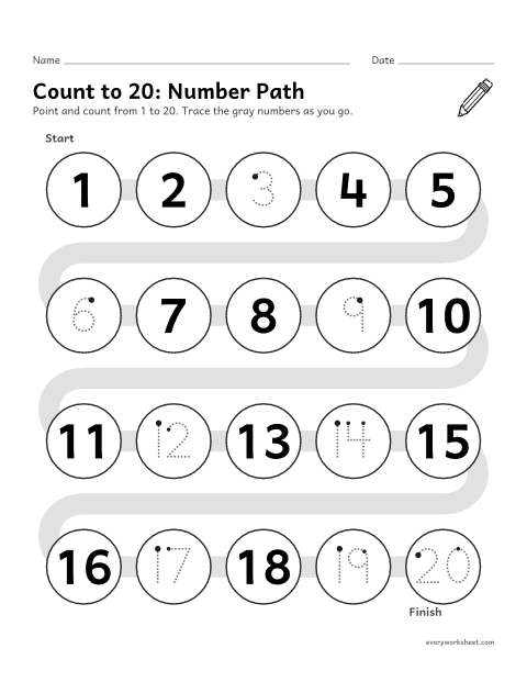 Preview of the printable “Count to 20: number path” worksheet: saying the numbers 1 to 20 in order