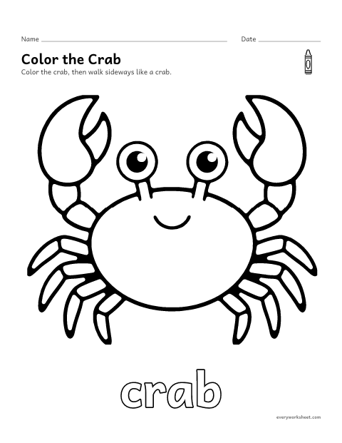 Preview of the printable “Crab coloring page” worksheet: coloring a big picture of a crab with crayons