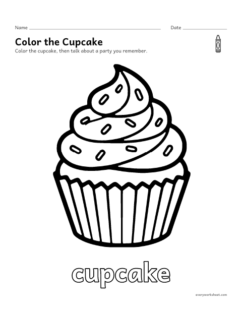 Preview of the printable “Cupcake coloring page” worksheet: coloring a big picture of a cupcake with crayons