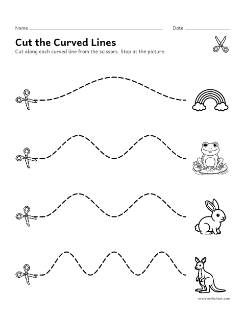 Preview of the printable “Cutting curved lines” worksheet: cutting along gentle curves