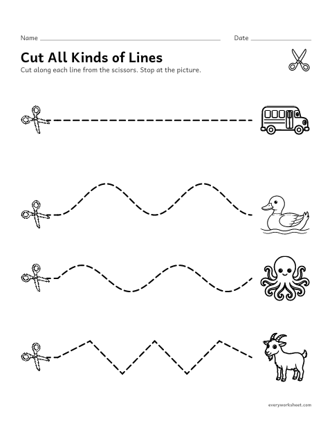 Preview of the printable “Cutting lines review” worksheet: cutting straight, curved, wavy and zigzag lines