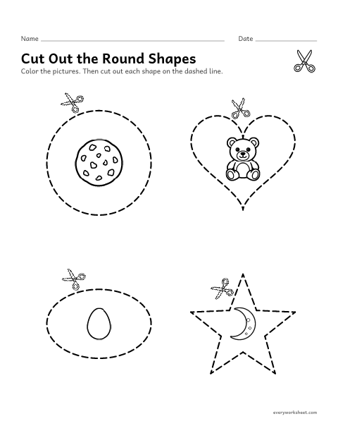 Preview of the printable “Cut out round shapes” worksheet: cutting around curved shapes