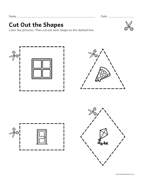 Preview of the printable “Cut out the shapes” worksheet: cutting out shapes with straight sides and corners