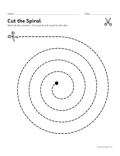 Preview of the printable “Spiral cutting practice” worksheet: cutting a spiral, turning the paper while cutting