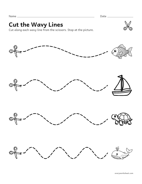 Preview of the printable “Cutting wavy lines” worksheet: cutting along wavy lines