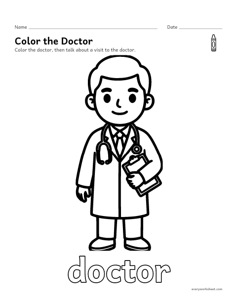 Preview of the printable “Doctor coloring page” worksheet: coloring a community helper and talking about the job