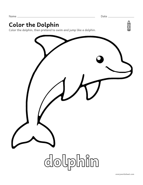 Preview of the printable “Dolphin coloring page” worksheet: coloring a big picture of a dolphin with crayons