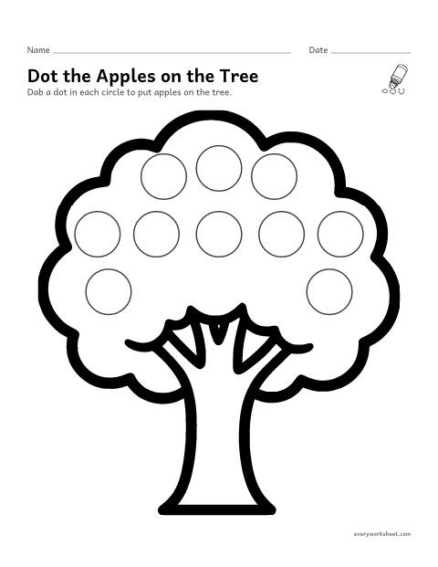 Preview of the printable “Dot marker apple tree” worksheet: dabbing one dot in each circle