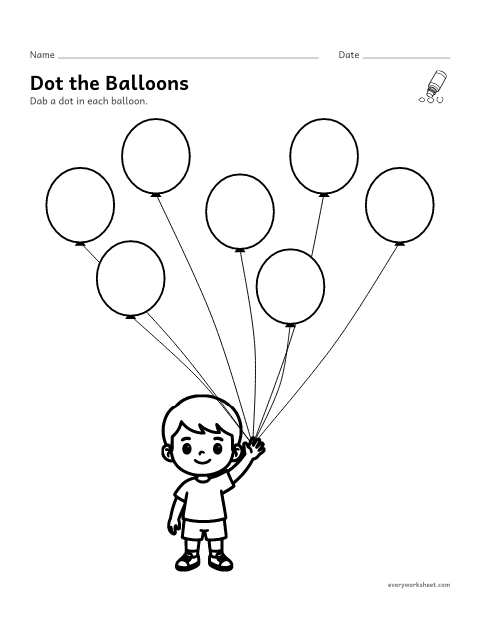 Preview of the printable “Dot marker balloons” worksheet: dabbing one dot in each balloon