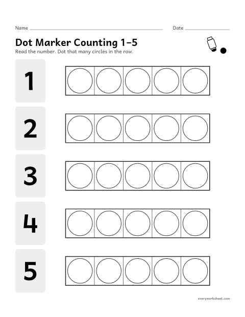 Preview of the printable “Dot marker counting 1–5” worksheet: counting out 1 to 5 with a dot marker