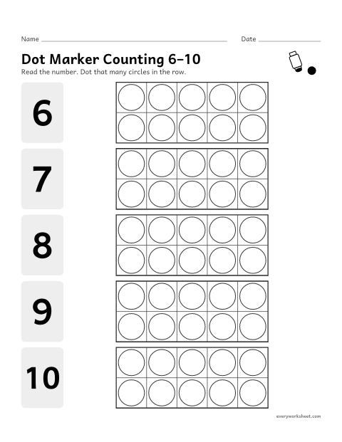Preview of the printable “Dot marker counting 6–10” worksheet: counting out 6 to 10 with a dot marker