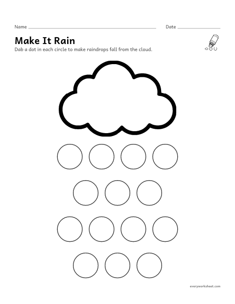 Preview of the printable “Dot marker rain” worksheet: dabbing dots in rows from top to bottom