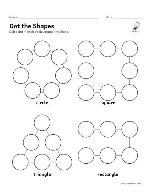 Preview of the printable “Dot marker shapes” worksheet: dabbing dots around a circle, square, triangle and rectangle