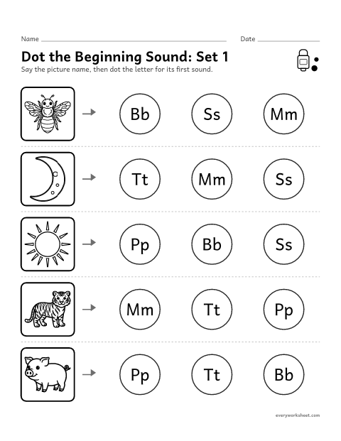 Preview of the printable “Dot the beginning Sound: set 1” worksheet: matching a picture's first sound to its letter
