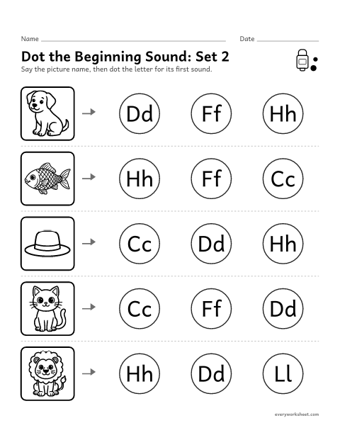 Preview of the printable “Dot the beginning Sound: set 2” worksheet: matching a picture's first sound to its letter