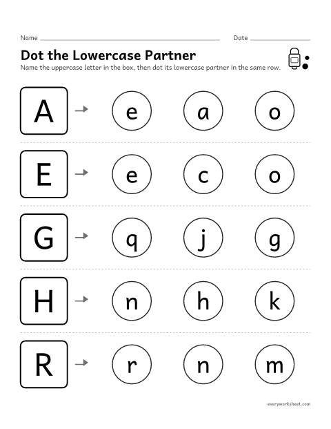 Preview of the printable “Dot the lowercase partner” worksheet: finding the lowercase partner of an uppercase letter