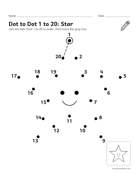 Preview of the printable “Dot to dot 1 to 20: star” worksheet: counting 1 to 20 in order to join the dots