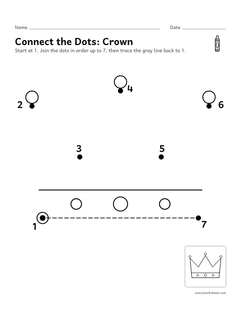 Preview of the printable “Dot to dot crown 1 to 7” worksheet: counting 1 to 7 to join the dots