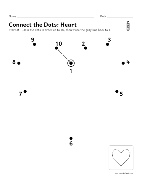 Preview of the printable “Dot to dot heart 1 to 10” worksheet: counting 1 to 10 to join the dots