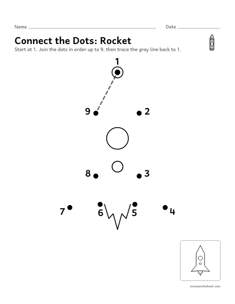 Preview of the printable “Dot to dot rocket 1 to 9” worksheet: counting 1 to 9 to join the dots