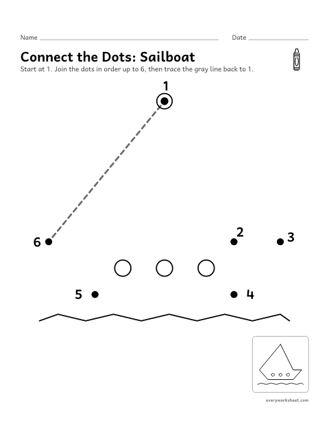 Preview of the printable “Dot to dot sailboat 1 to 6” worksheet: counting 1 to 6 to join the dots
