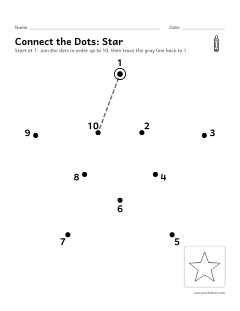 Preview of the printable “Dot to dot star 1 to 10” worksheet: counting 1 to 10 to join the dots