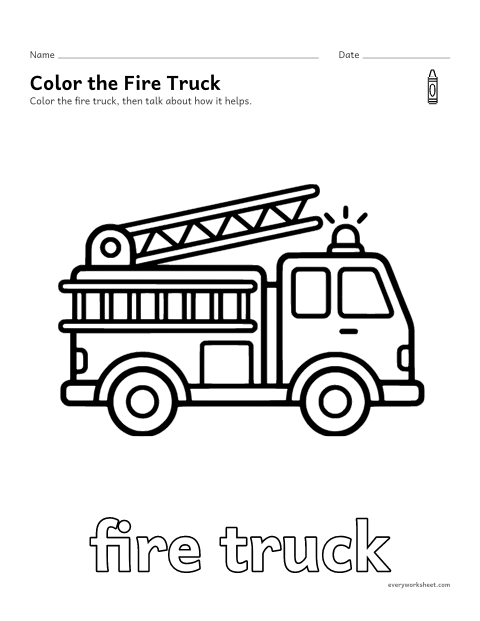 Preview of the printable “Fire truck coloring page” worksheet: coloring a big picture of a fire truck with crayons