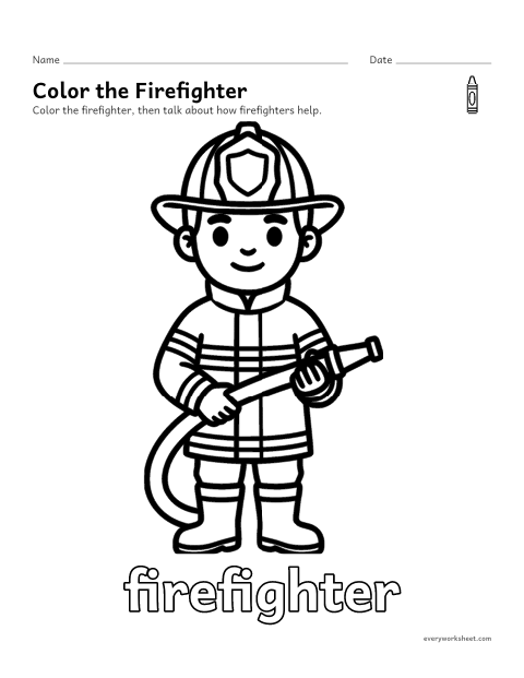 Preview of the printable “Firefighter coloring page” worksheet: coloring a community helper and talking about the job