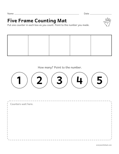 Preview of the printable “Five frame counting mat” worksheet: showing and counting 1 to 5 with counters