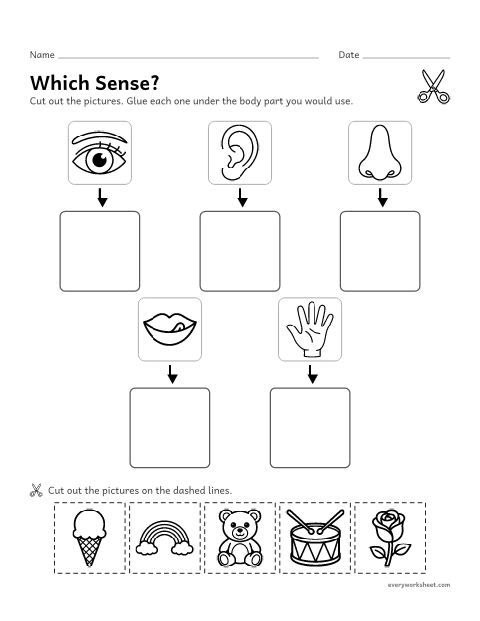Preview of the printable “Five senses cut and paste” worksheet: matching each sense to something we see, hear, smell, taste or touch