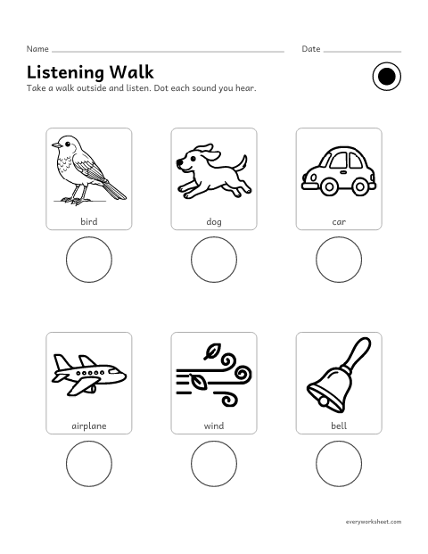 Preview of the printable “Listening walk worksheet for preschool” worksheet: listening closely and recording the sounds heard outdoors