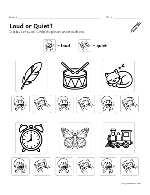 Preview of the printable “Loud or quiet sounds worksheet” worksheet: sorting sounds into loud and quiet