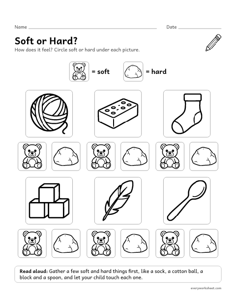 Preview of the printable “Soft or Hard: sense of touch worksheet” worksheet: sorting things by touch into soft and hard