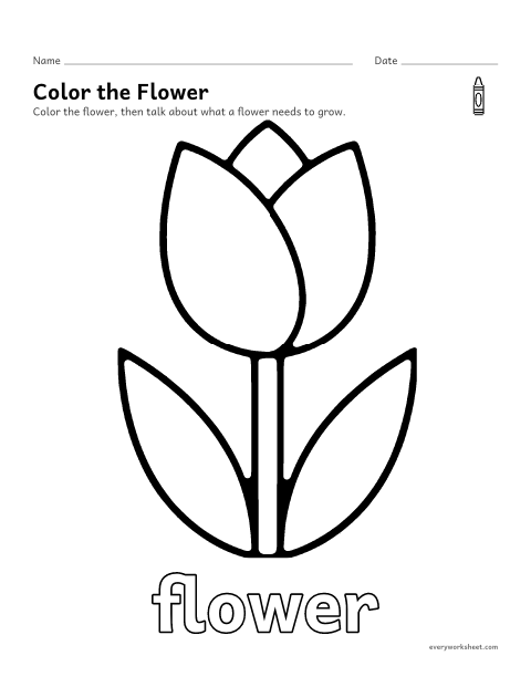 Preview of the printable “Flower coloring page” worksheet: coloring a big picture of a flower with crayons