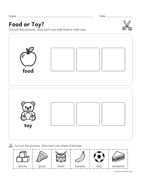 Preview of the printable “Food or toy cut and paste sort” worksheet: sorting pictures into food and toys