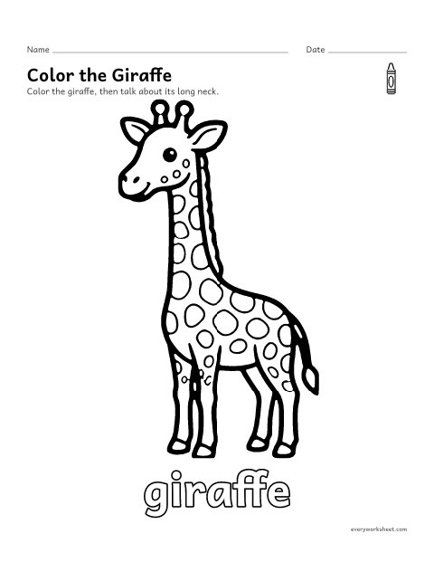 Preview of the printable “Giraffe coloring page” worksheet: coloring a big picture of a giraffe with crayons