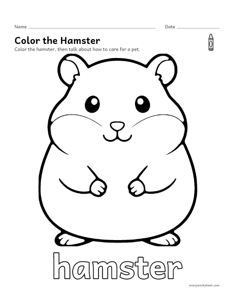Preview of the printable “Hamster coloring page” worksheet: coloring a big picture of a hamster with crayons