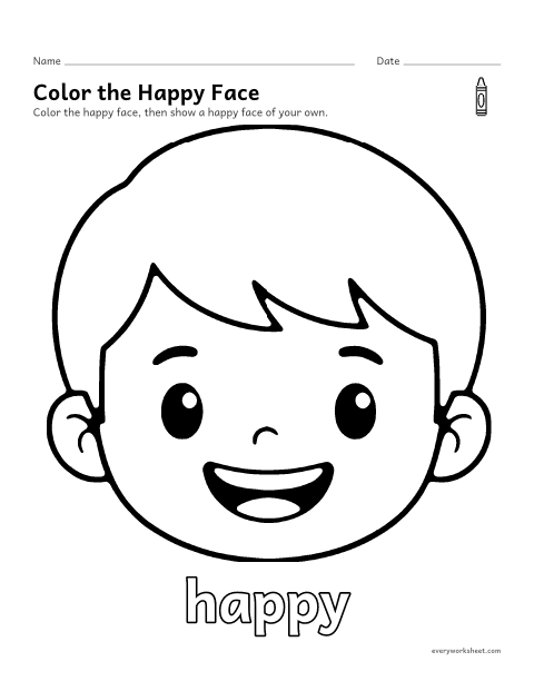 Preview of the printable “Happy face coloring page” worksheet: naming the feeling happy
