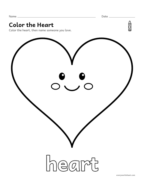 Preview of the printable “Heart coloring page” worksheet: naming and coloring a heart