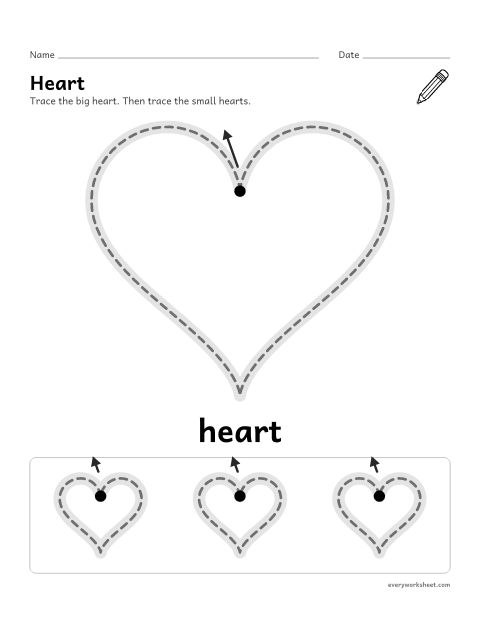 Preview of the printable “Heart shape worksheet for preschool” worksheet: tracing a heart and finding hearts in everyday things