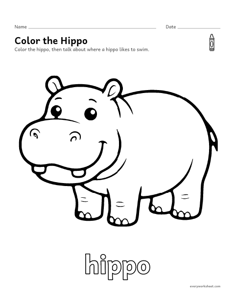Preview of the printable “Hippo coloring page” worksheet: coloring a big picture of a hippo with crayons