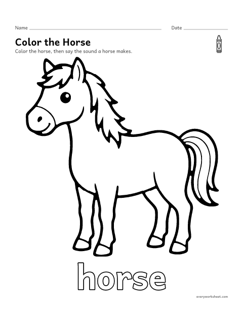 Preview of the printable “Horse coloring page” worksheet: coloring a big picture of a horse with crayons