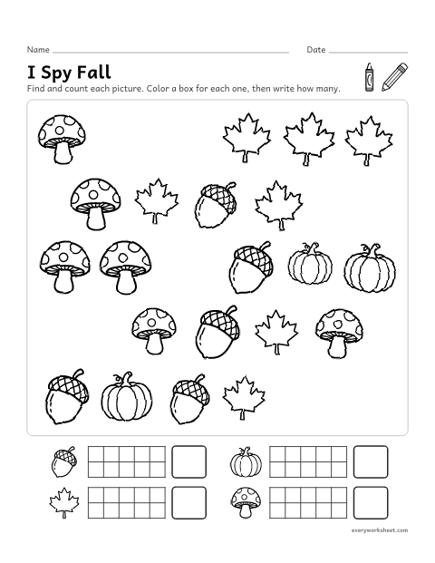 Preview of the printable “I spy fall” worksheet: finding and counting fall things to 10