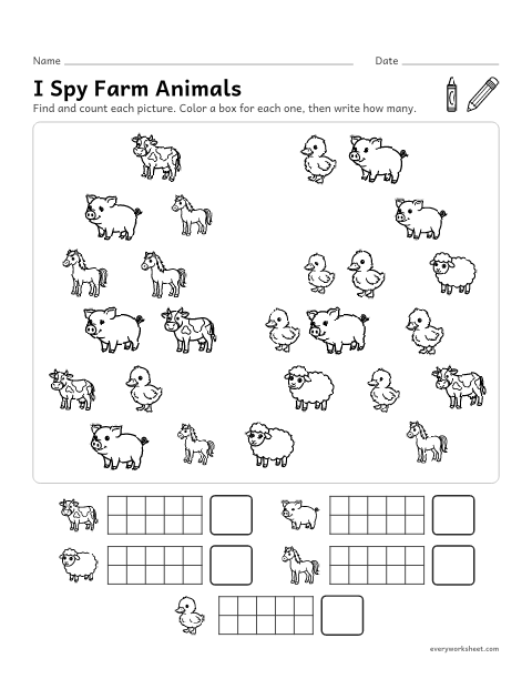 Preview of the printable “I spy farm animals” worksheet: finding and counting farm animals to 10