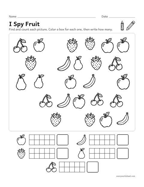 Preview of the printable “I spy fruit” worksheet: finding and counting fruit to 10