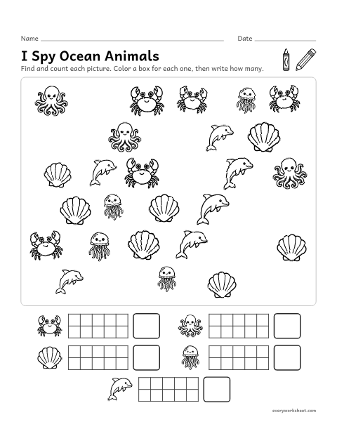 Preview of the printable “I spy ocean animals” worksheet: finding and counting sea animals and shells to 10