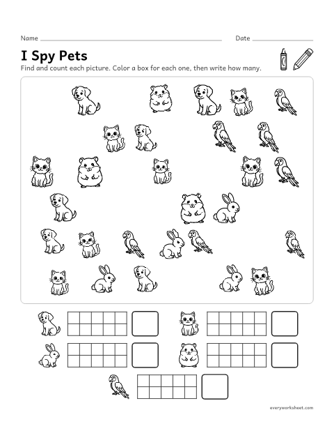 Preview of the printable “I spy pets” worksheet: finding and counting pets to 10