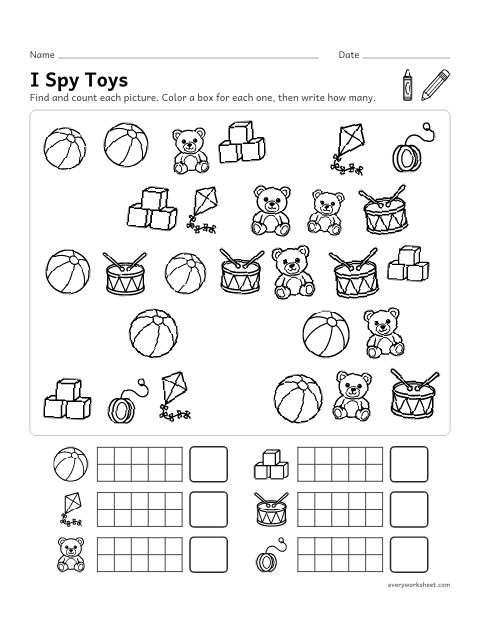 Preview of the printable “I spy toys” worksheet: finding and counting toys to 10